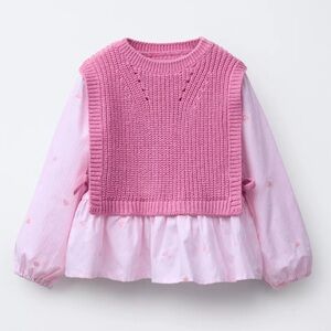 Zara Pink Embroidered Heart Shirt with Knit Vest - 5T 6T